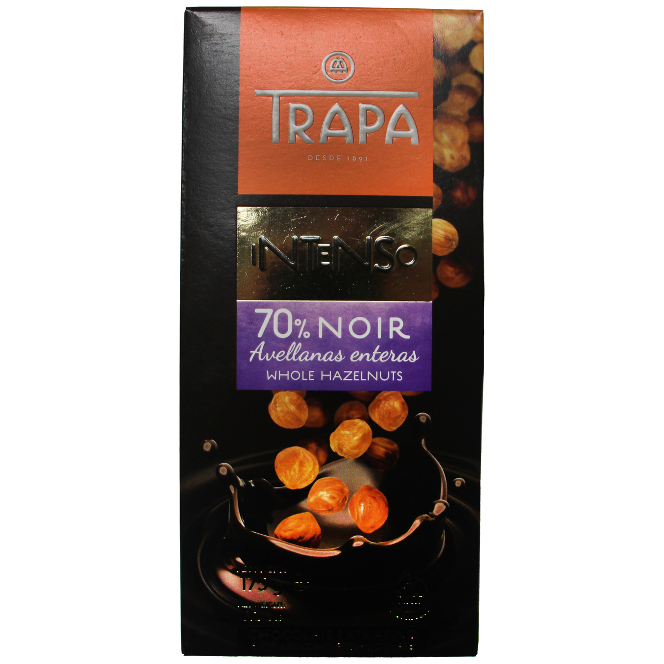 Шоколад чорний Trapa Intenso з цілими ядрами горіха фундуку 70% 175г