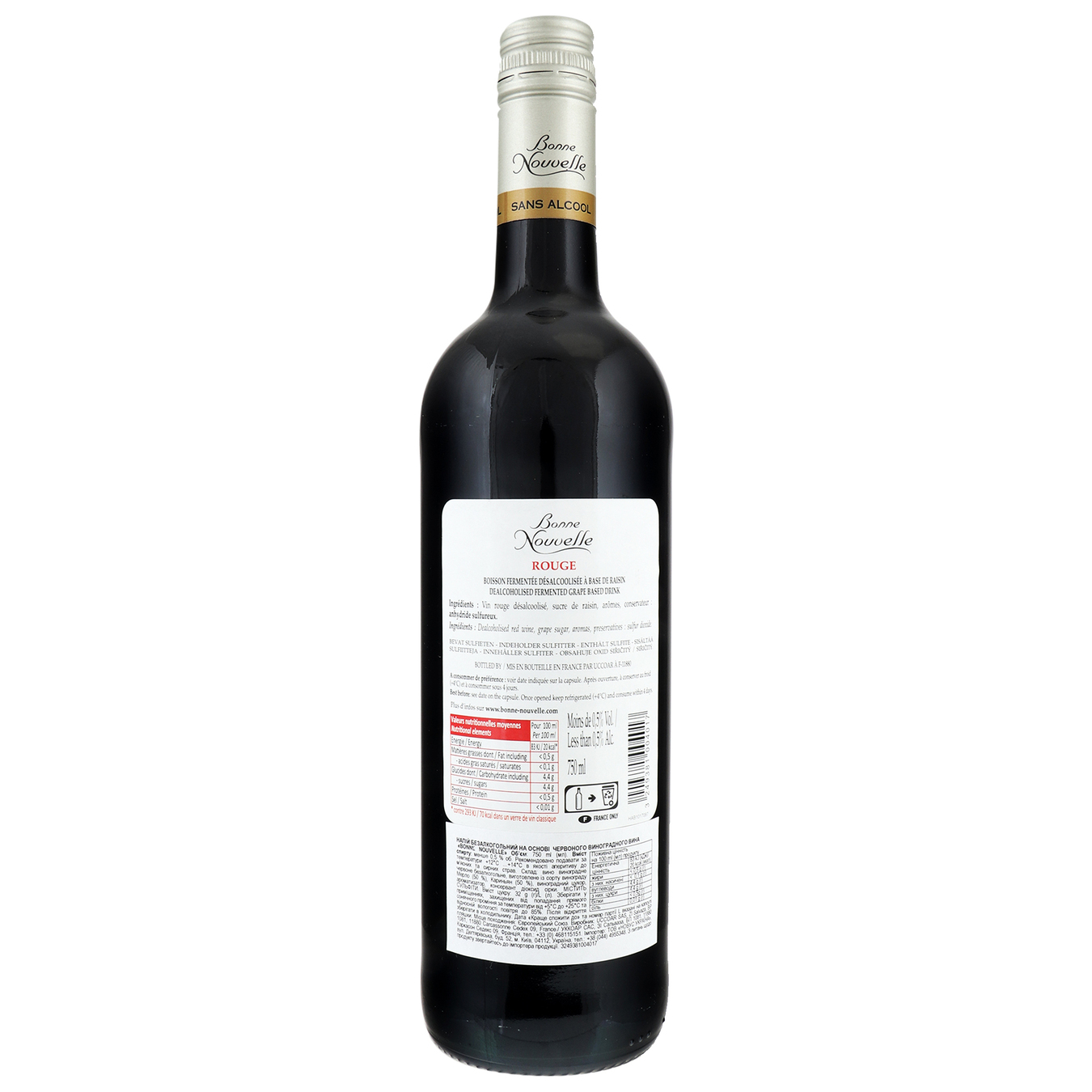 Напій безалкогольний на основі вина Bonne Nouvelle червоний напівсолодкий 0,75л 2