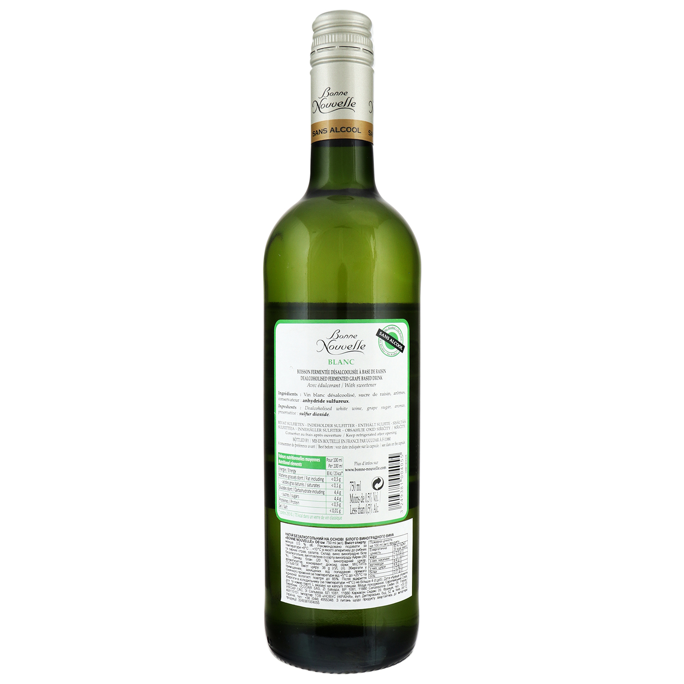 Напиток безалкогольный на основе вина Bonne Nouvelle белый полусладкий 0,75л 2