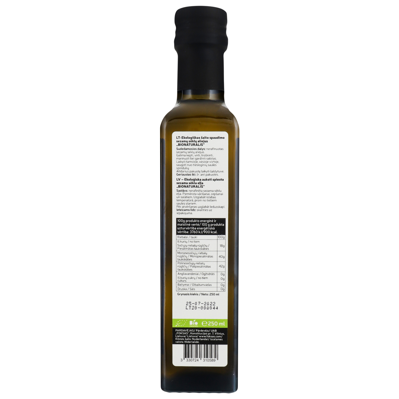 Sesame oil Bionaturalis Unrefined Organic 230ml 2