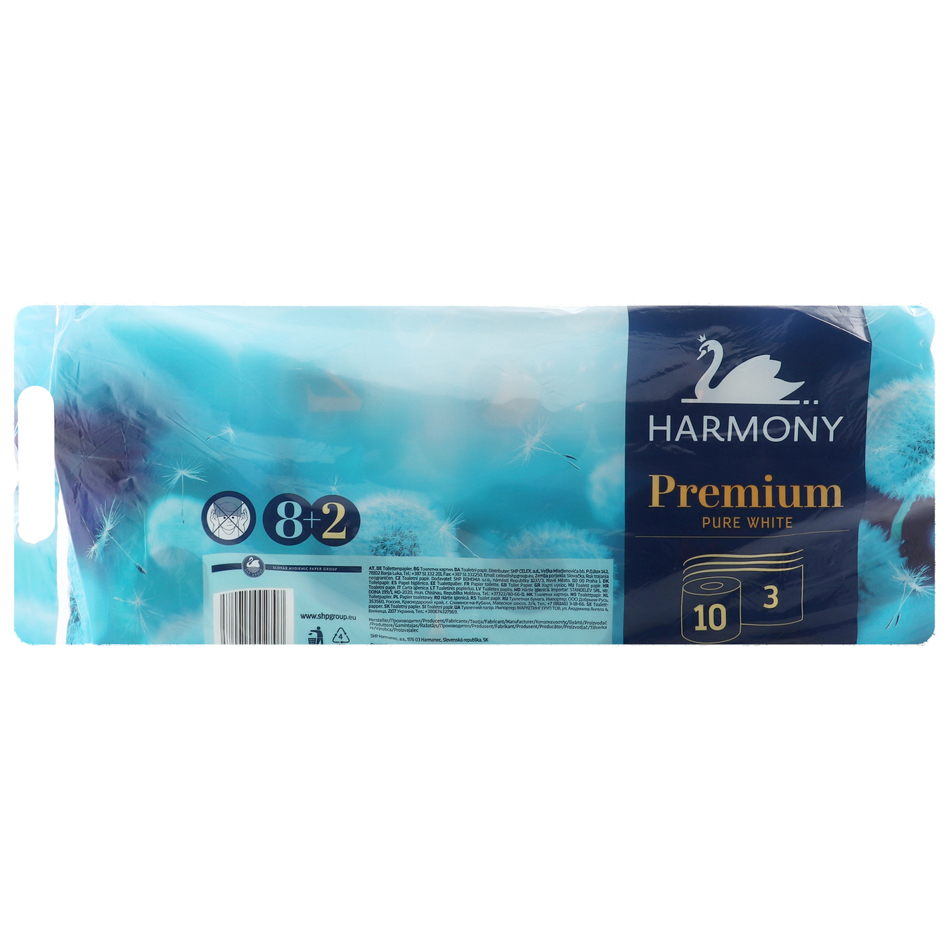 Туалетная бумага Harmony Premium Pure White трехслойная 8+2шт 2