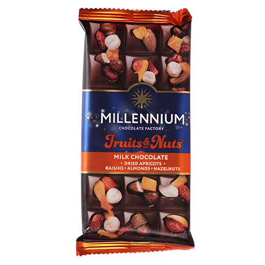 Шоколад Millennium Fruits&Nuts молочный с миндалем, цельными лесными орехами, курагой и изюмом 80г