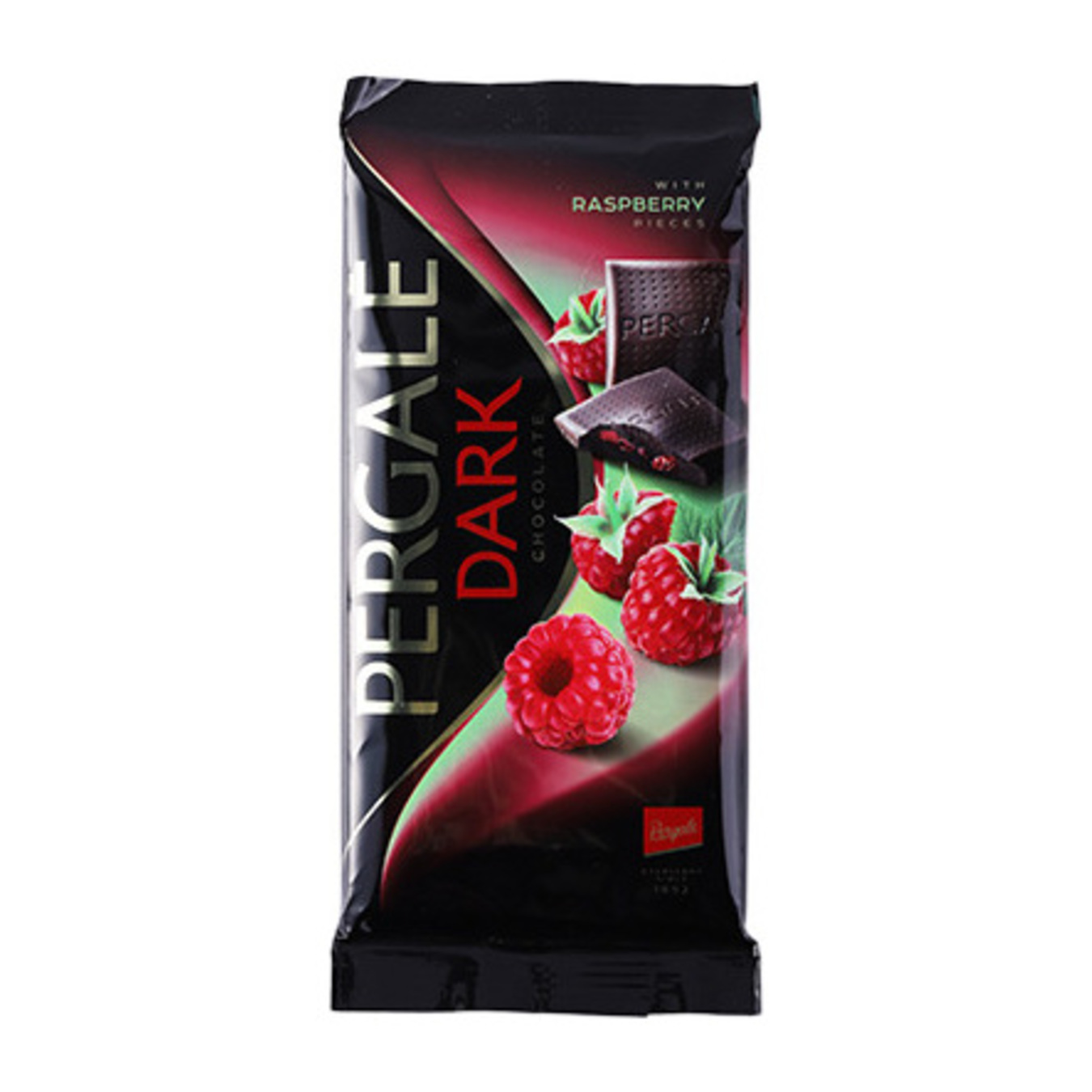 Black Chocolate Pergale with Raspberry Pieces 93g