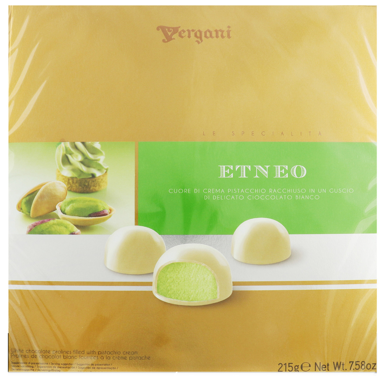 Конфеты Vergani Etneo с начинкой из фисташкового крема в белом шоколаде 215г
