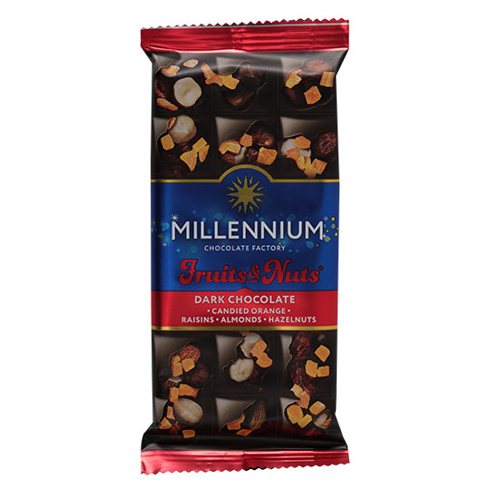 Шоколад Millennium Fruits&Nuts чорний з мигдалем, цілими лісовими горіхами, апельсиновими цукатами та родзинками 80 г