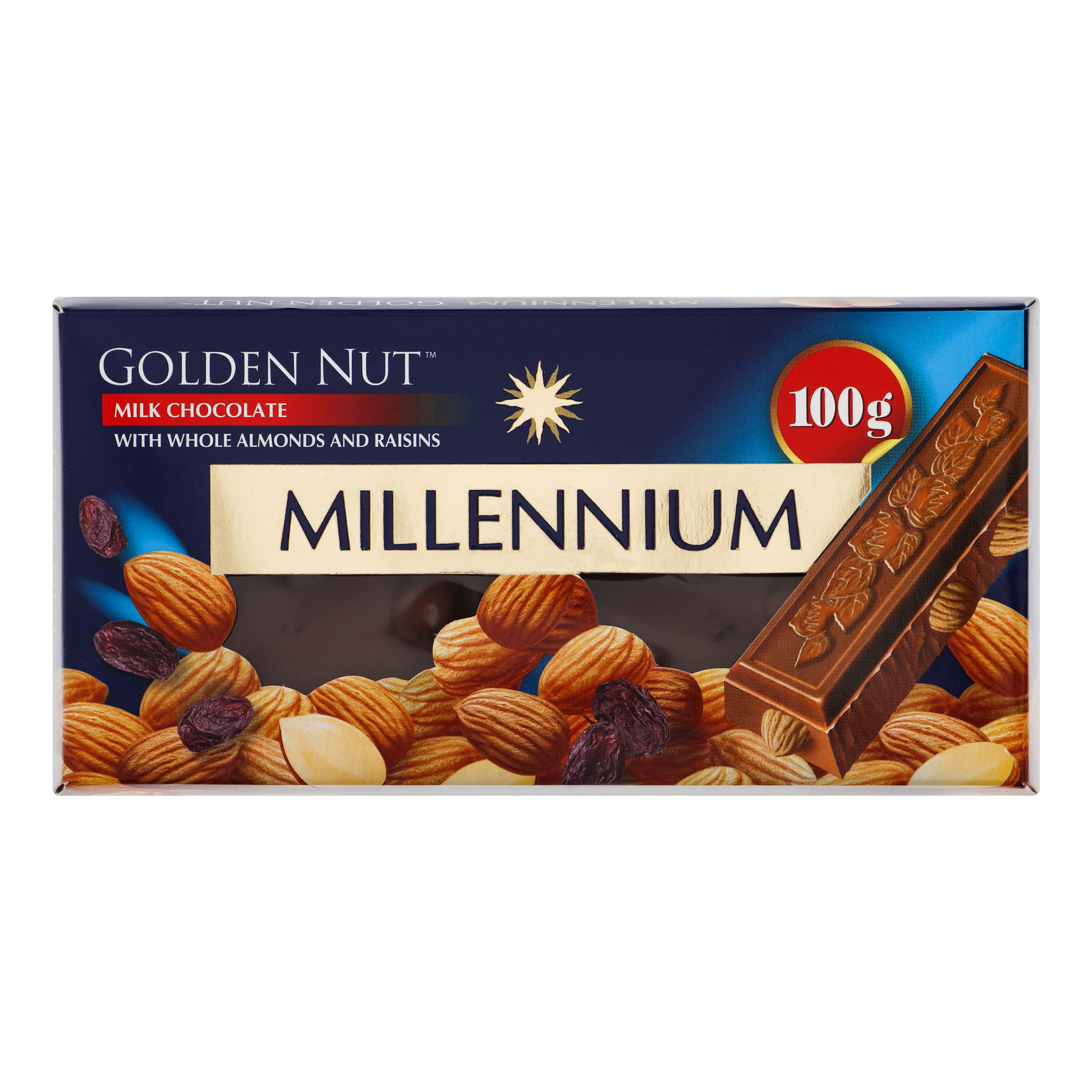 Шоколад Millennium Gold молочний з цілим мигдалем та родзинками 100г