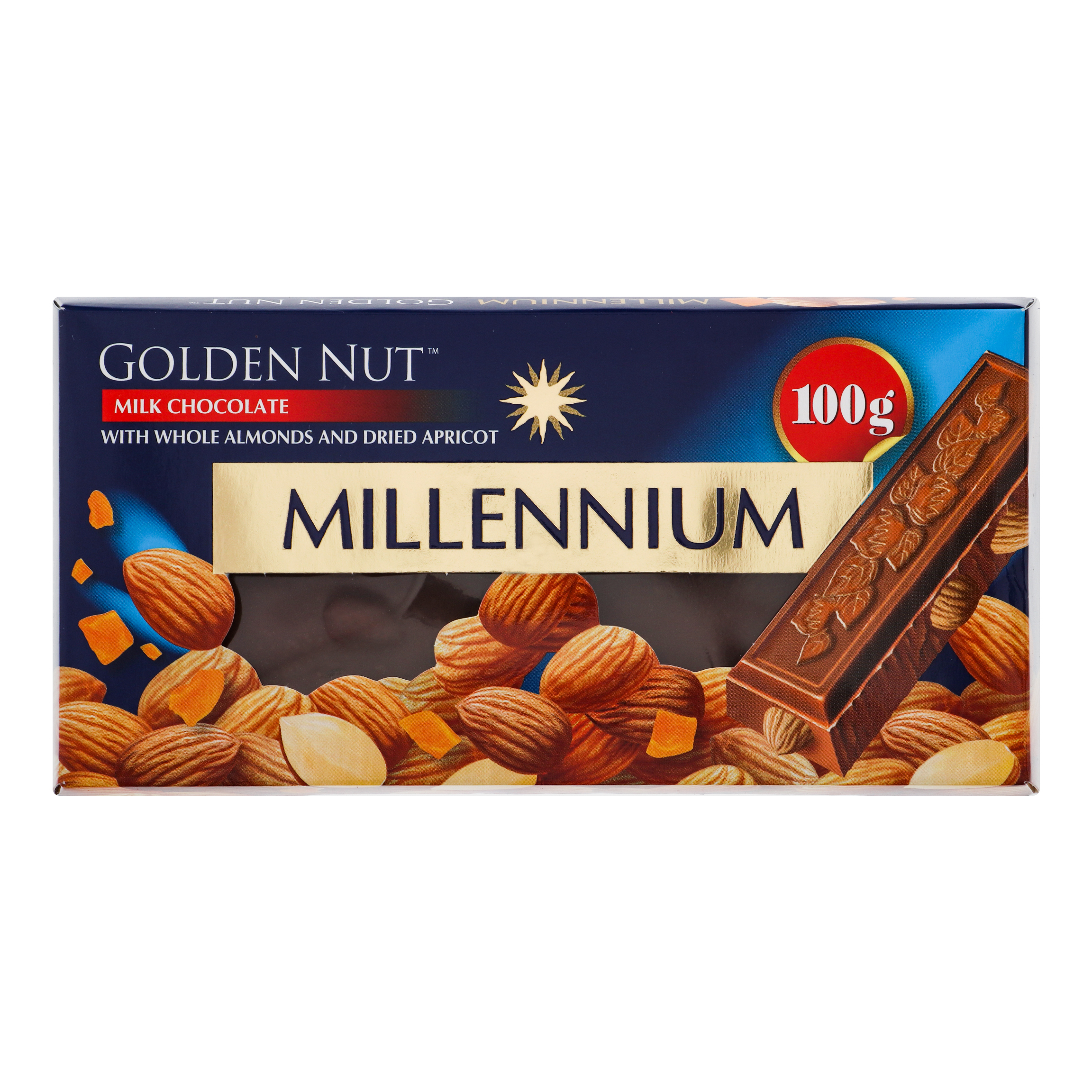 Шоколад Millennium Gold молочний з цілим мигдалем та курагою 100г