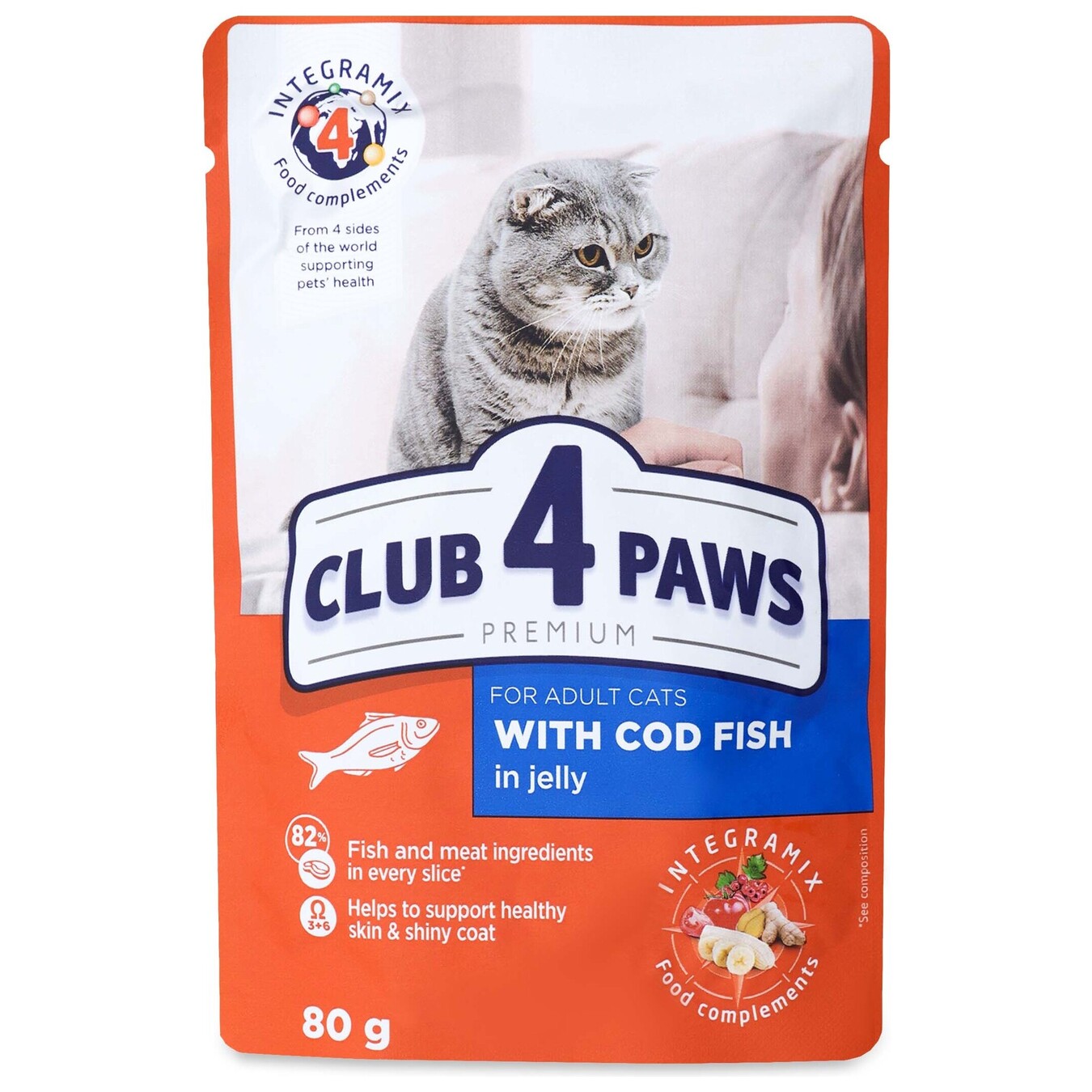 Корм Club 4 лапи Premium З тріскою в желе для дорослих котів 80г
