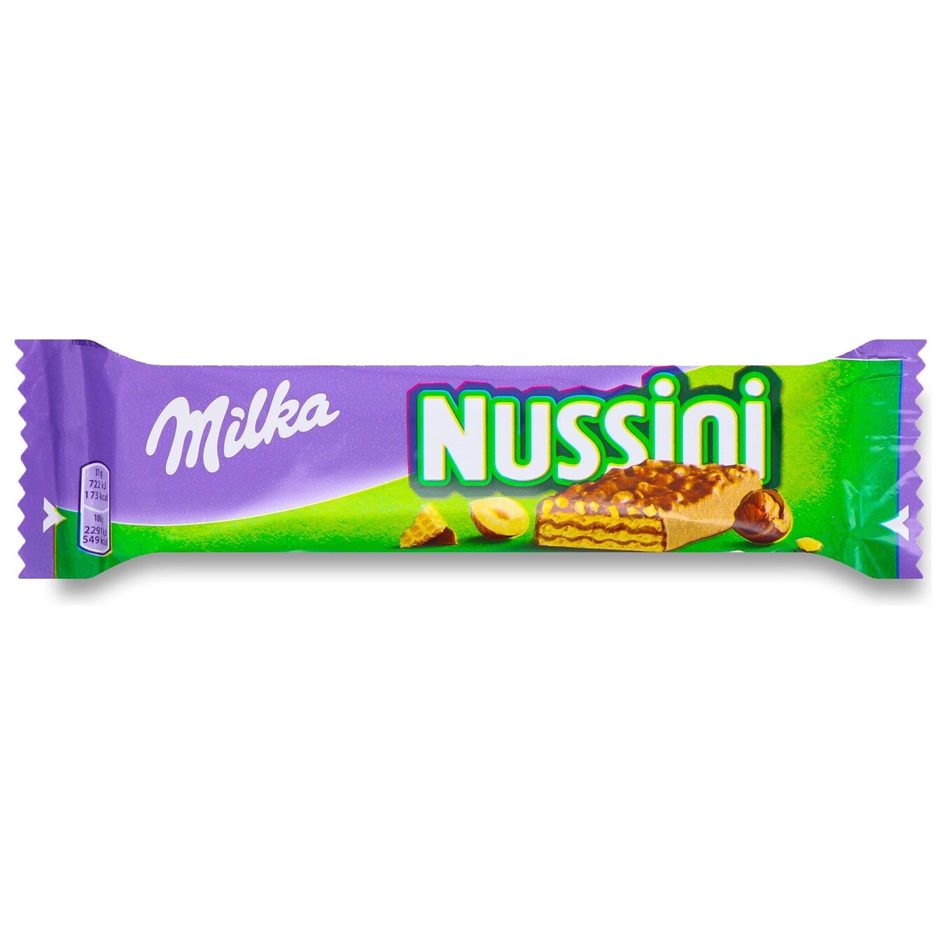 Батончик Milka Nussini з фундуком і какао посипана подрібненим фундуком і покрита молочним шоколадом 31г