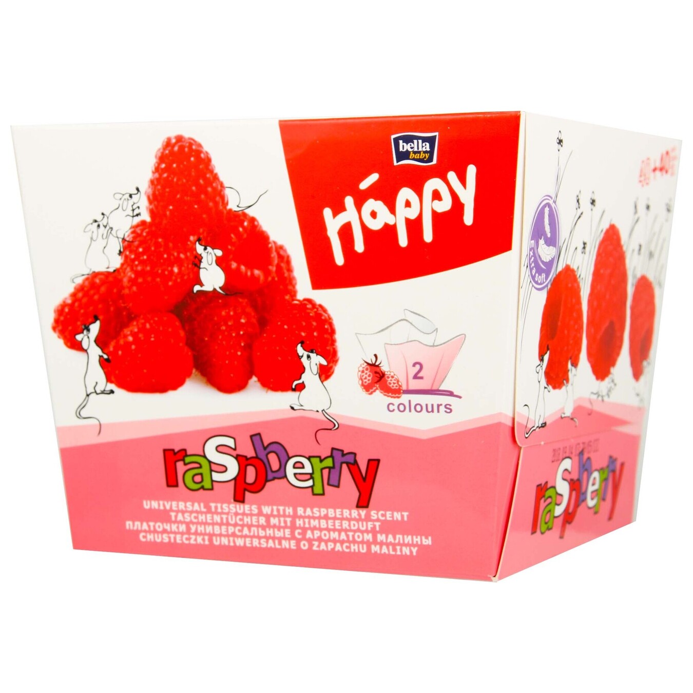 Universal two-layer paper handkerchiefs Bella Baby Happy 40+40 pieces with raspberry aroma 2