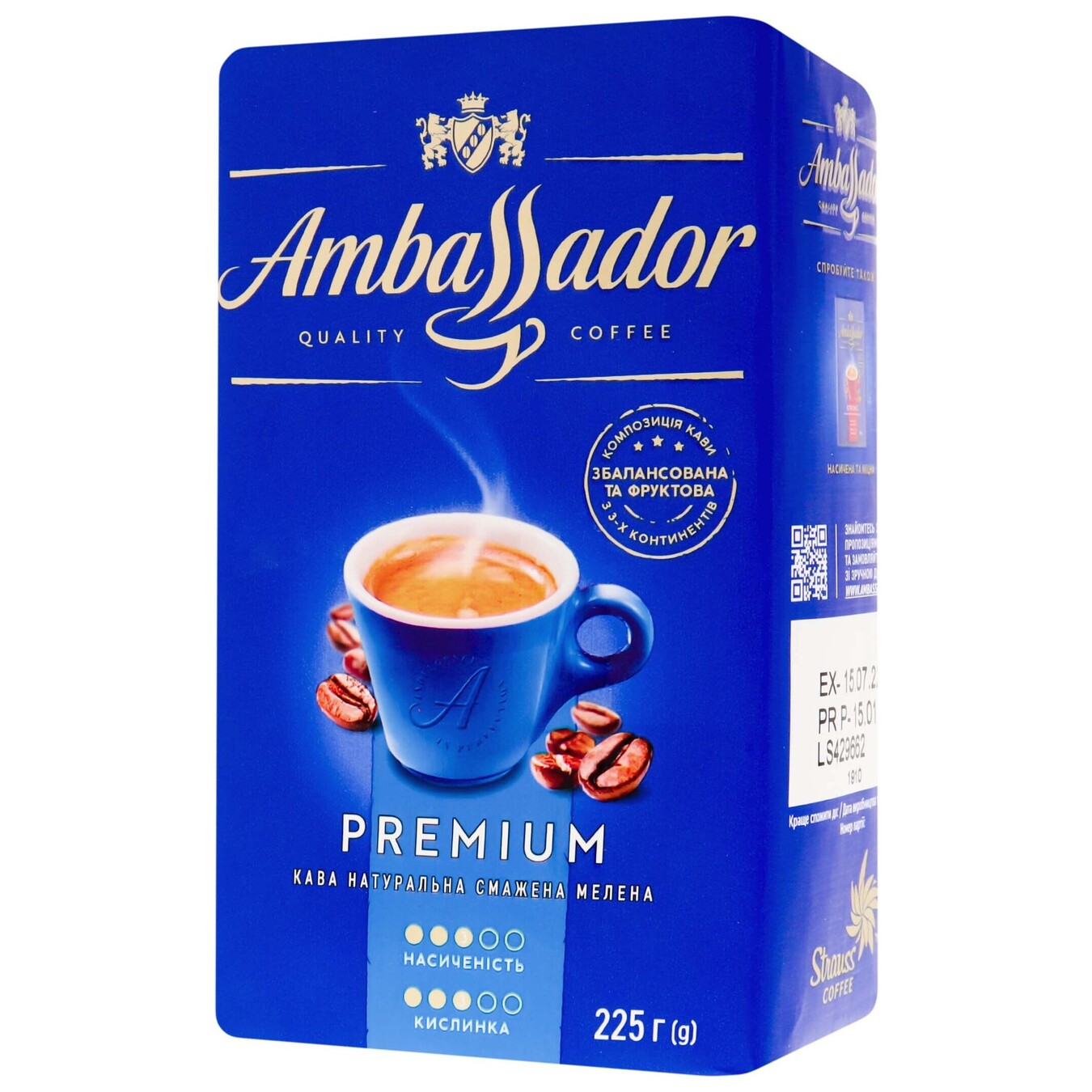 Кофе Ambassador Premium натуральный жареный молотый в/в 225г 2