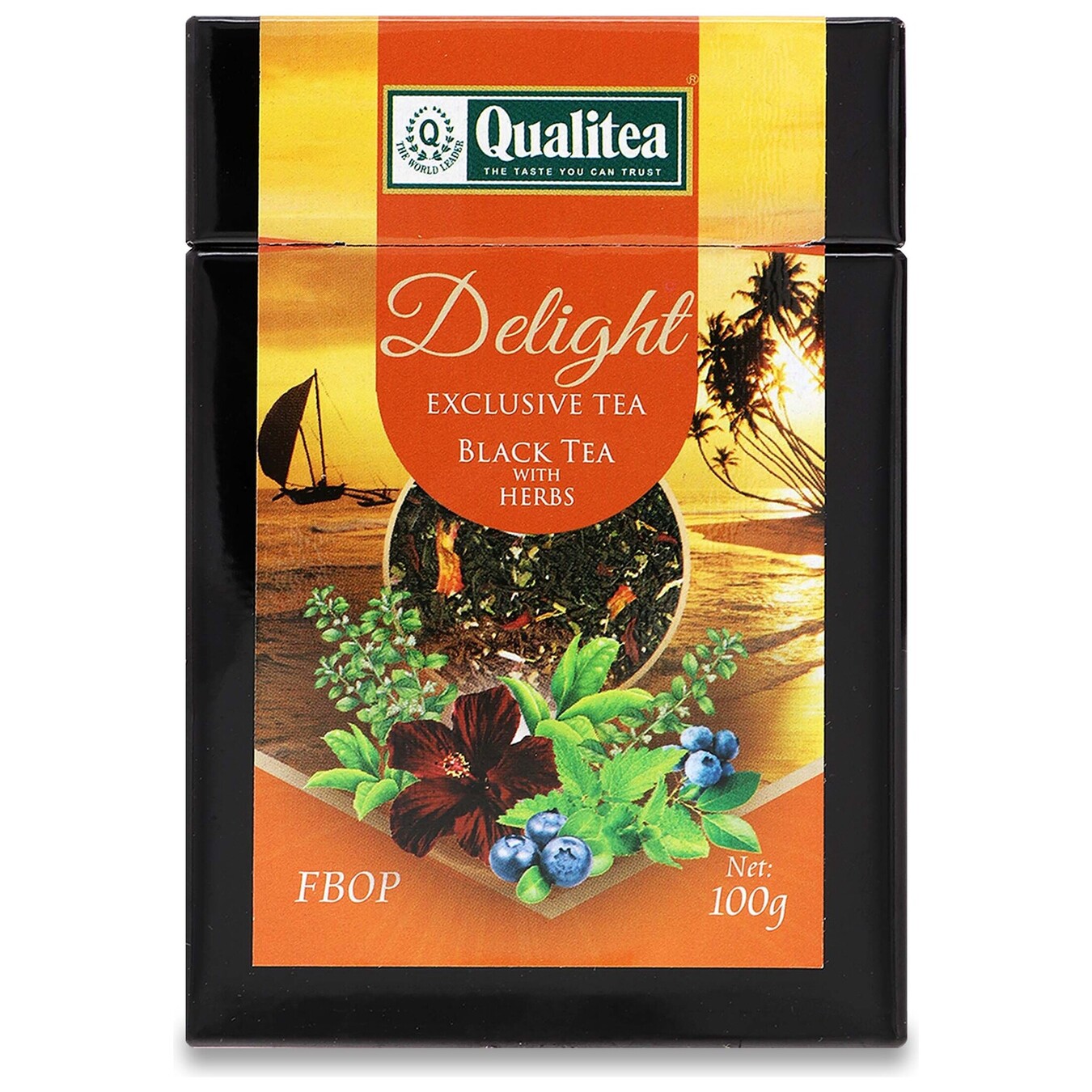 Delight black tea Quality medium leaf with herbs, hibiscus petals and blueberry aroma 100g