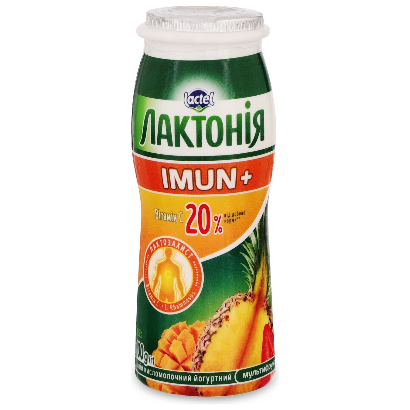Напій кисломолочний Лактонія Імун мультифруктовий з пробіотиком L.Rhamnosus вітаміном С 1,5% 100г