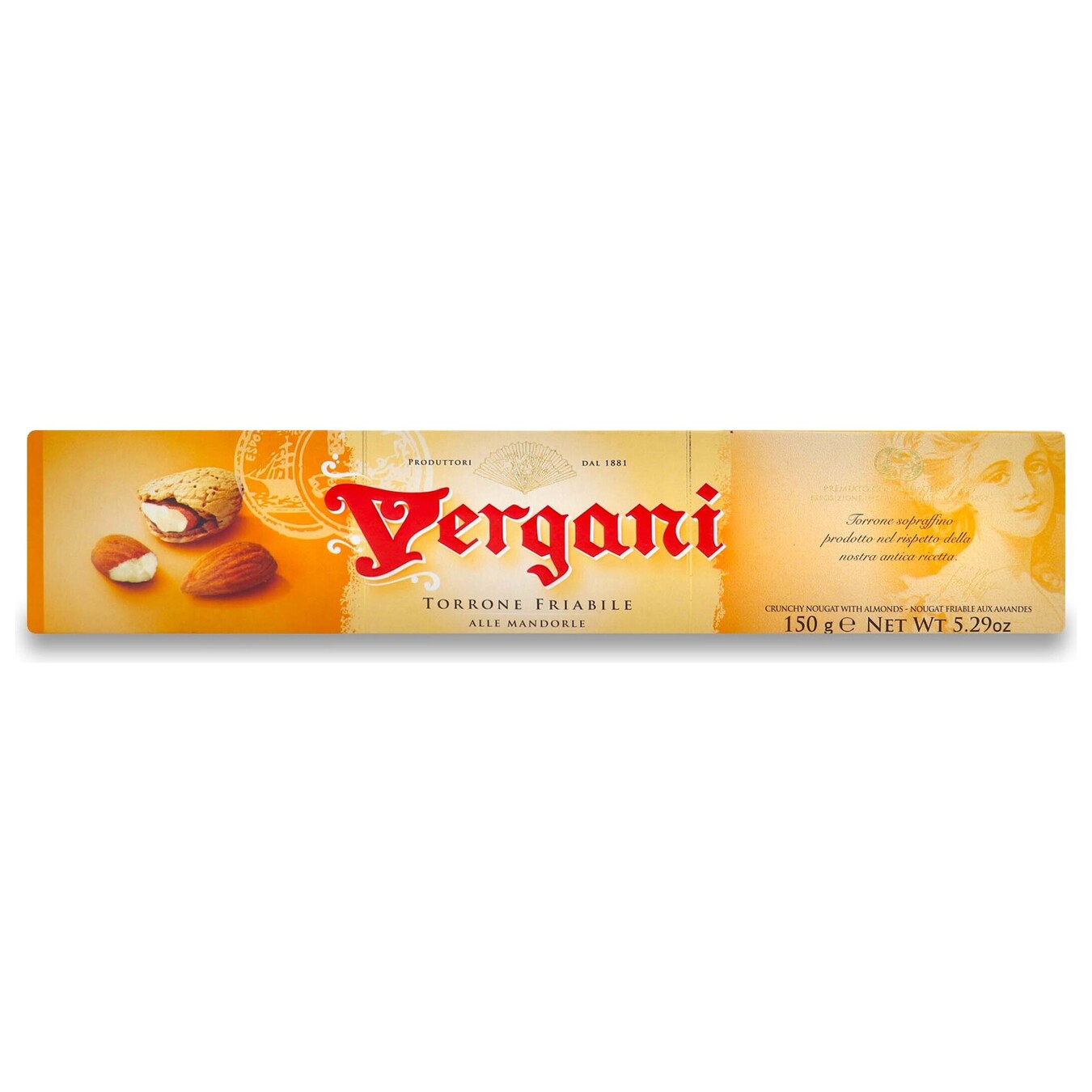 Конфета Vergani нуга хрустящая с целыми жареными ядрами орехов миндаля 150г