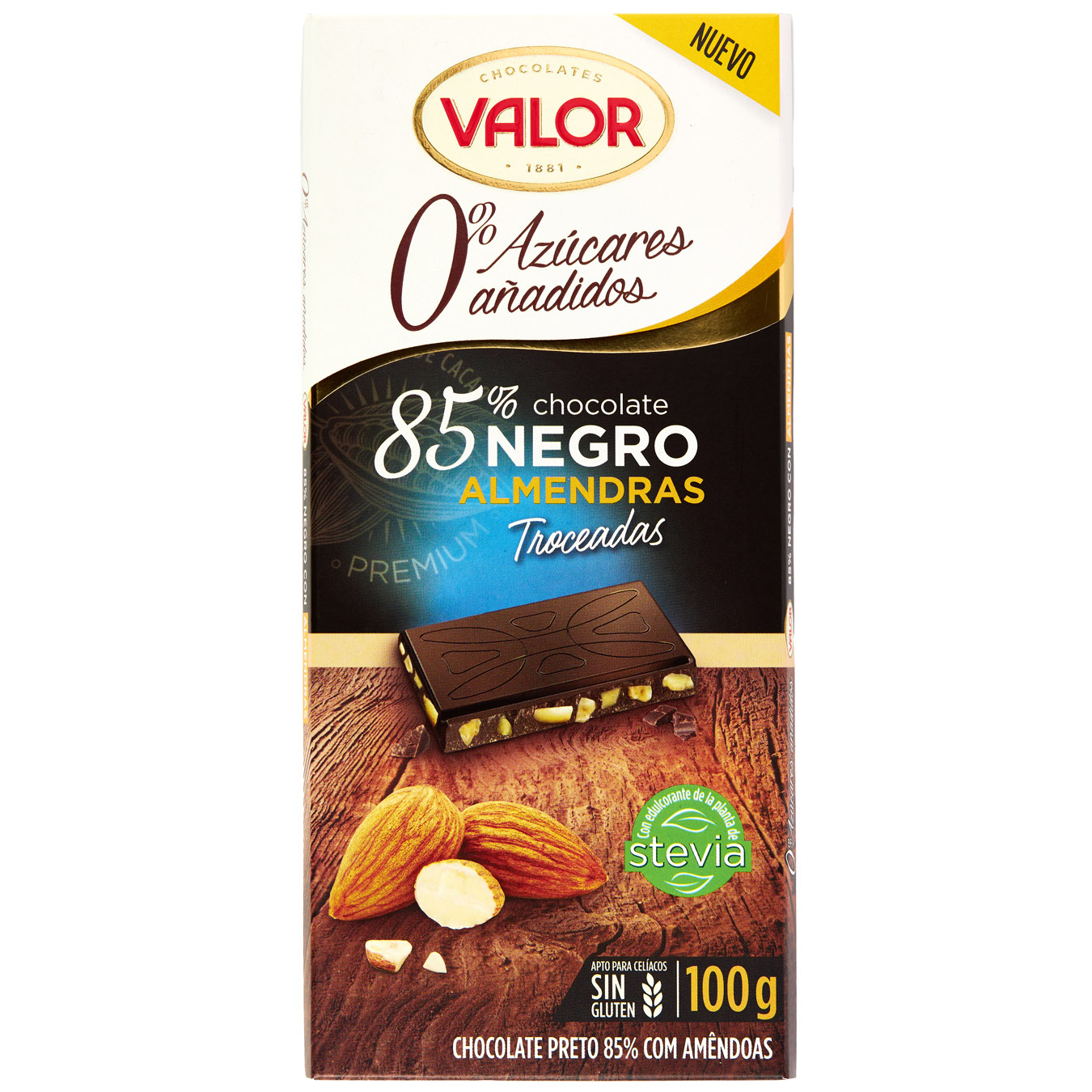 Шоколад Valor чорний з мигдалем без цукру 100г
