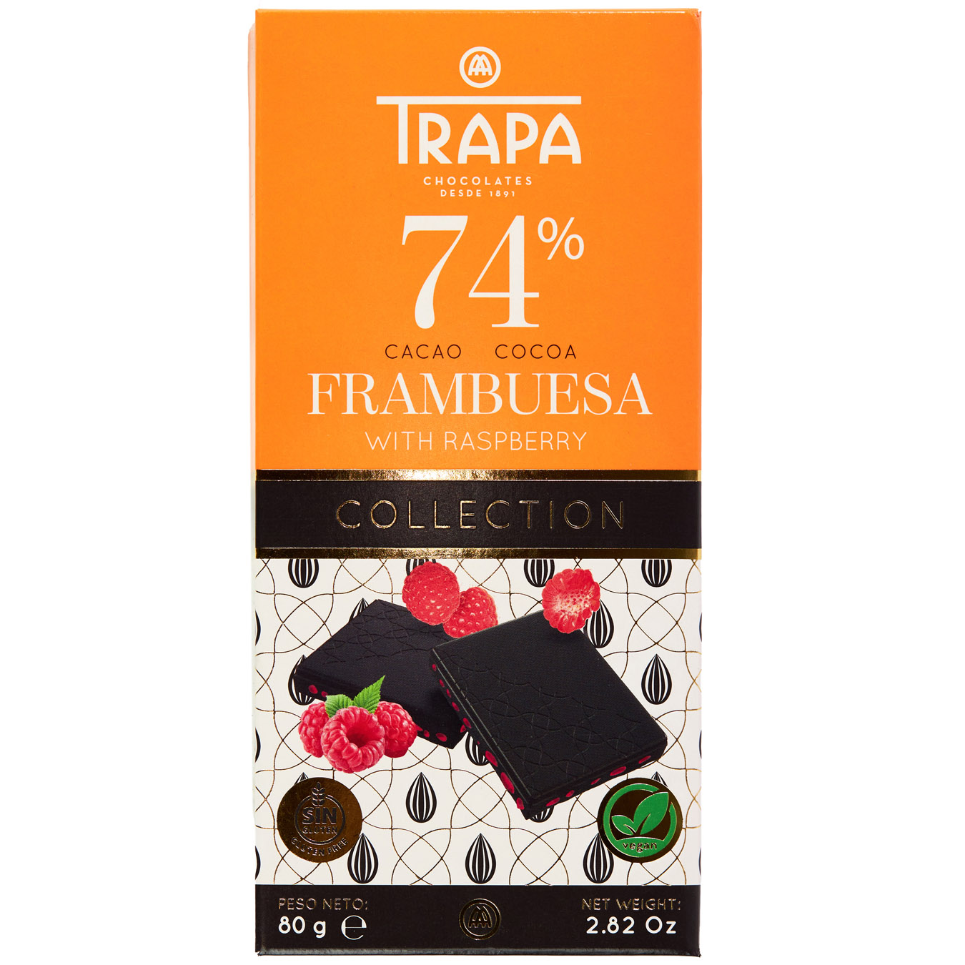 Trapa Collection black chocolate with raspberry vegan 74% 80g