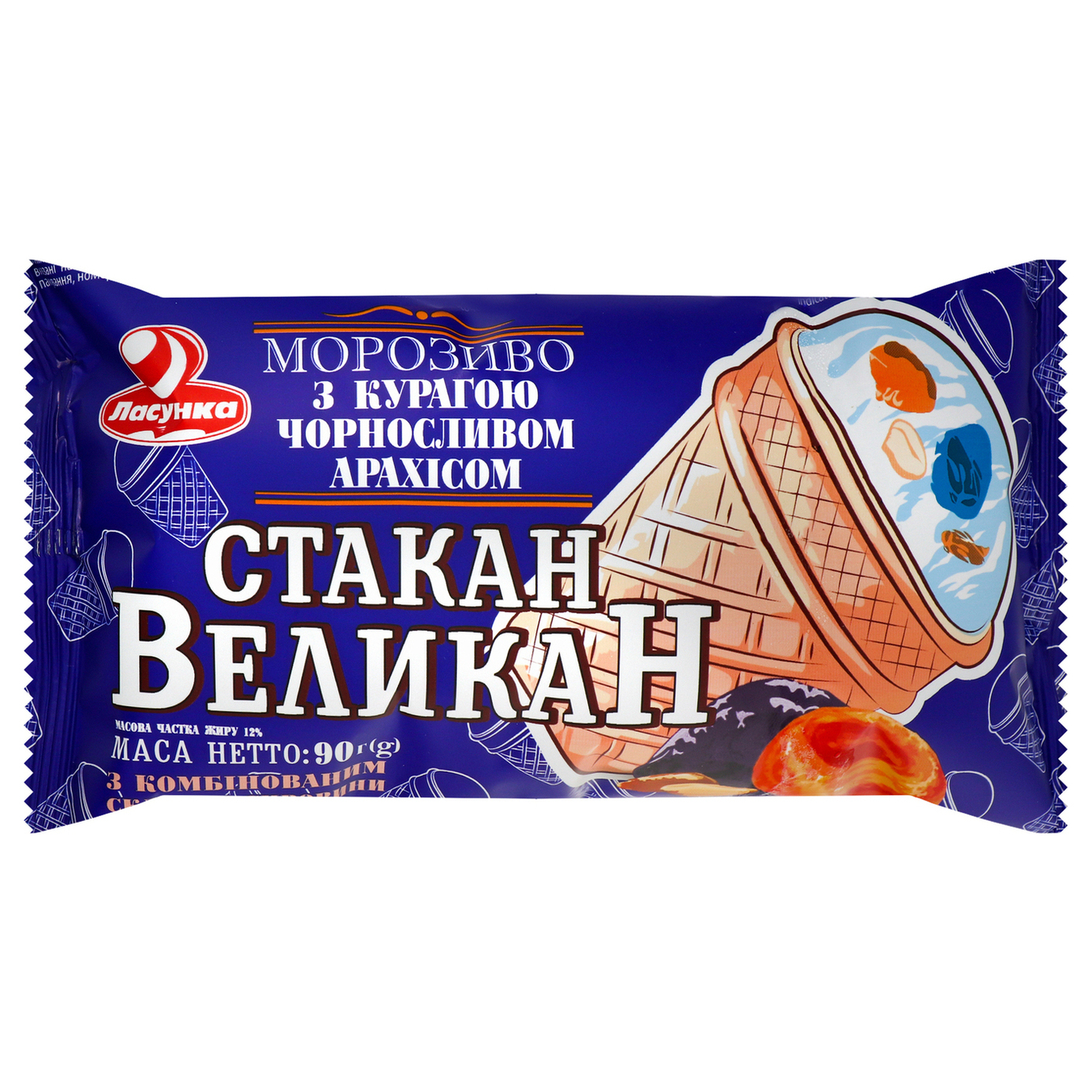 Морозиво Ласунка Стакан Великан з курагою, чорносливом, арахісом 12% 90г