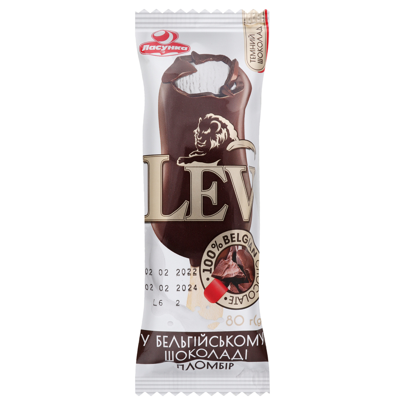 Морозиво Ласунка Lev пломбір у бельгійському шоколаді 15% 80г