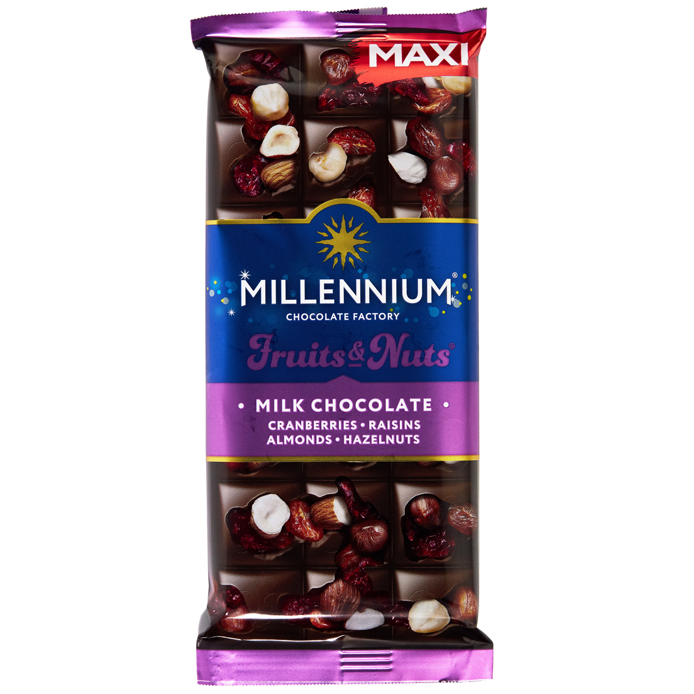 Шоколад Millennium Fruits&Nuts молочний мигдаль, лісовий горіх, журавлина та родзинки 140г