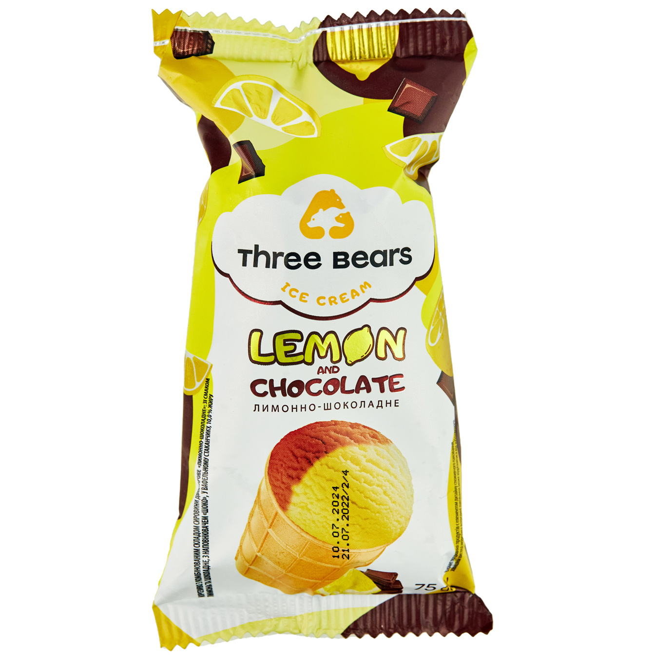 Ice cream Three Bears Lemon-chocolate two-layer waffle glass 75g