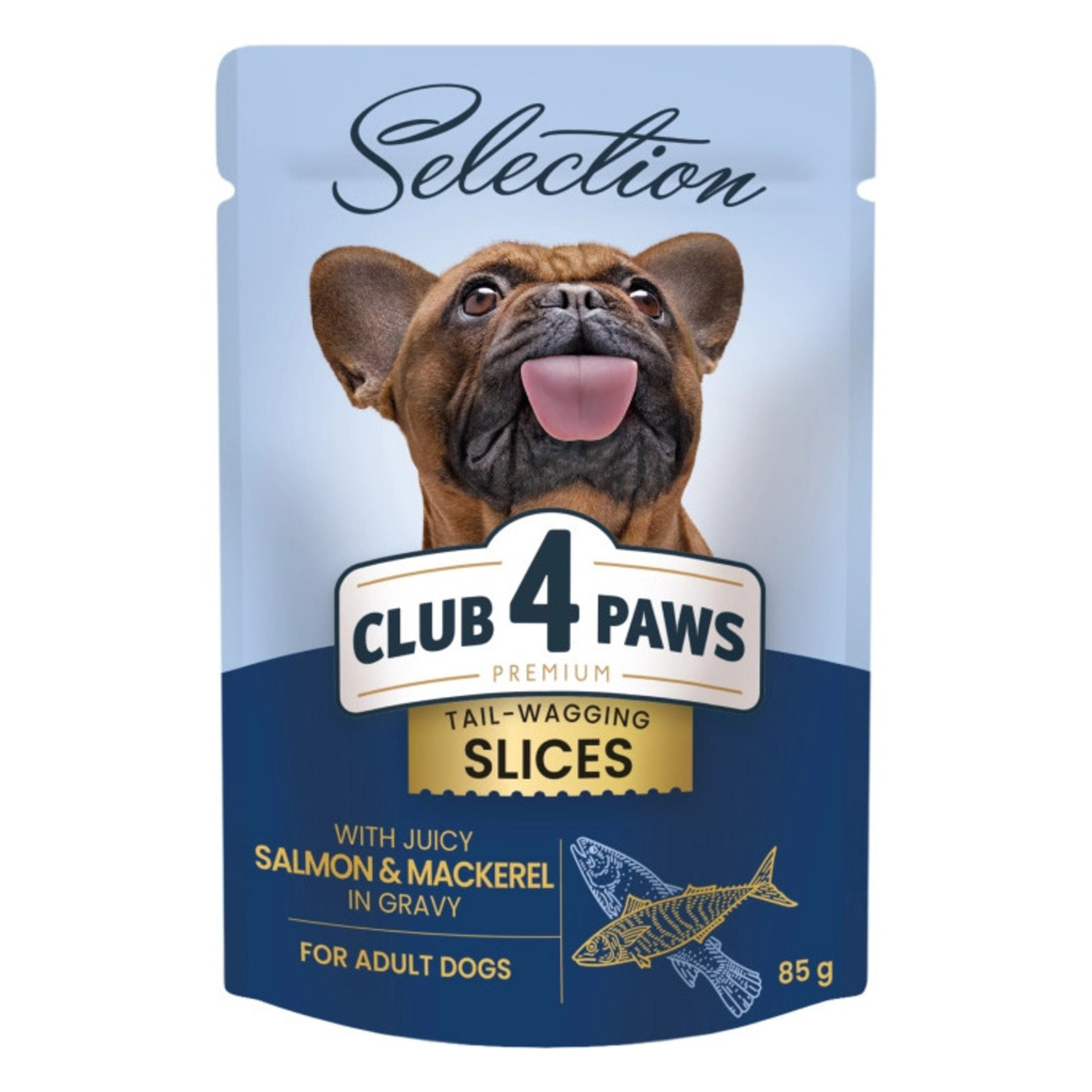 Корм Club 4 Paws Premium Plus Selection для дорослих собак малих порід шматочки з лососем та макреллю в соусі консервований повнораціонний 85г