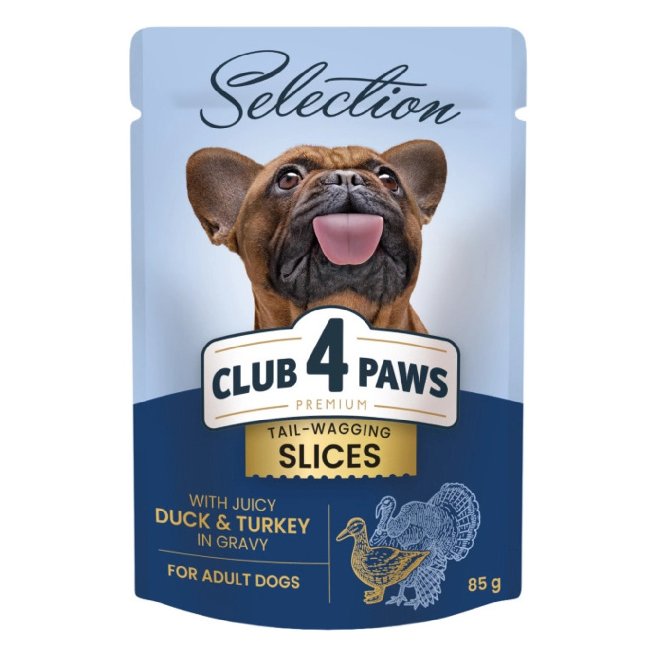 Корм Club 4 Paws Premium Plus Selection для дорослих собак малих порід шматочки з качкою та індичкою в соусі консервований повнораціонний 85г