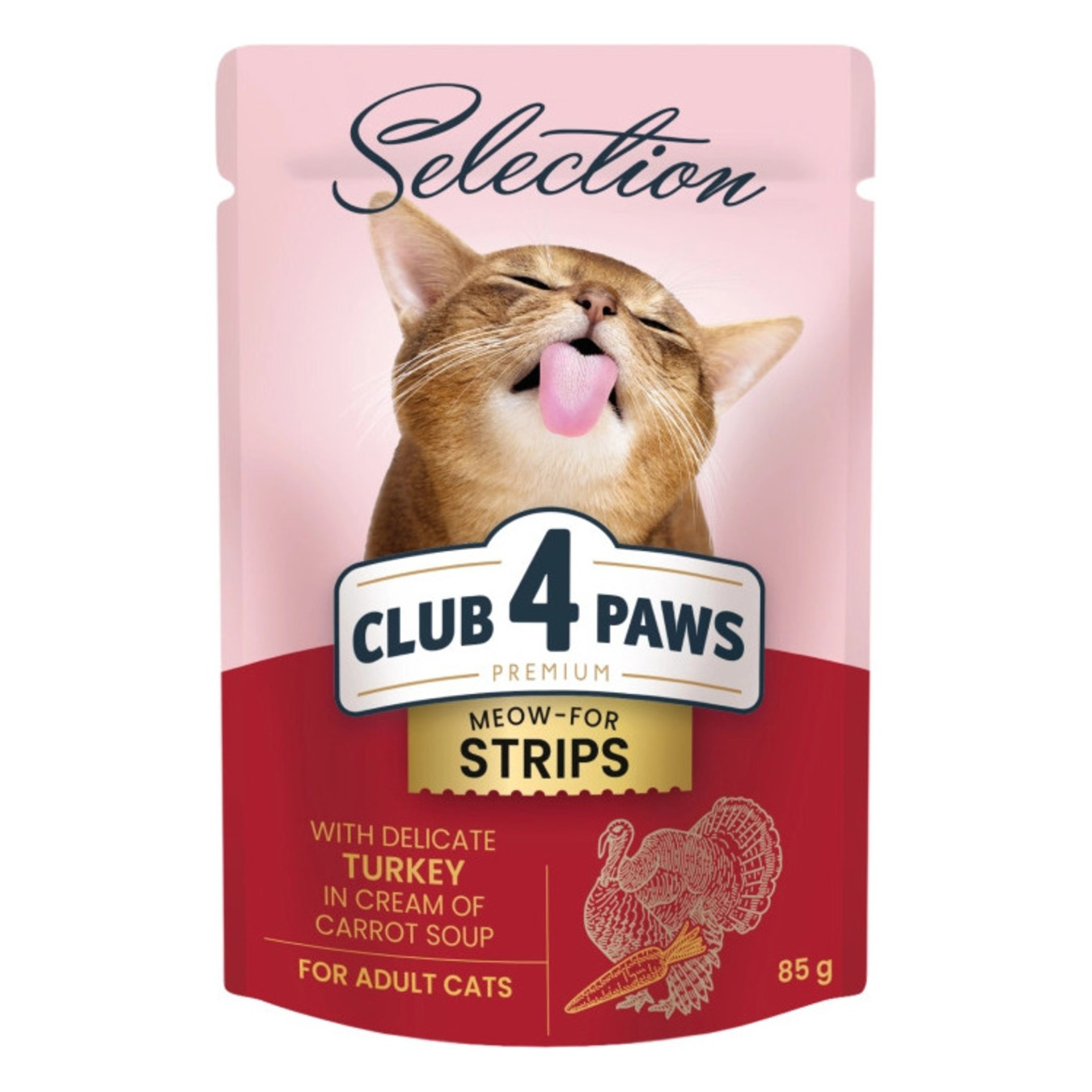 Корм Club 4 Paws Premium для дорослих котів смужки з індичкою в крем-супі з моркви повнораціонний консервований 85г