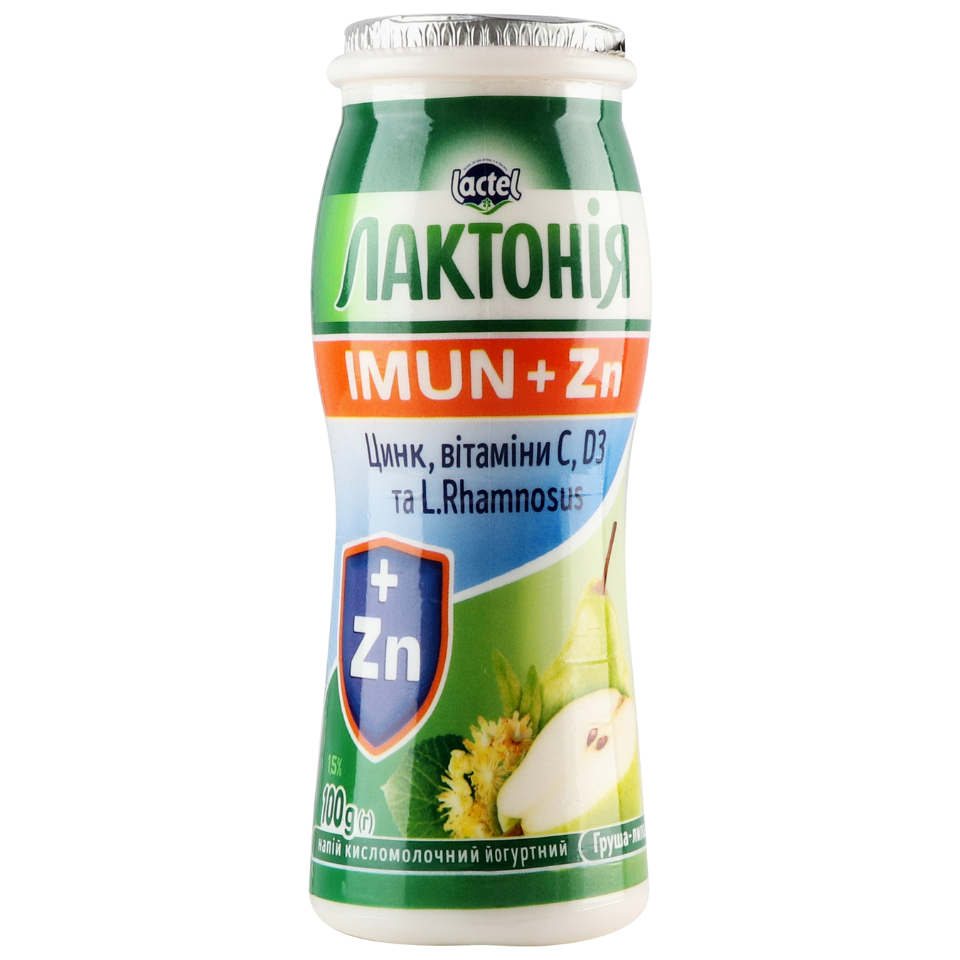 Напій Лактонія кисломолочний йогуртний Імун+ груша-липа 1,5% 100г пляшка