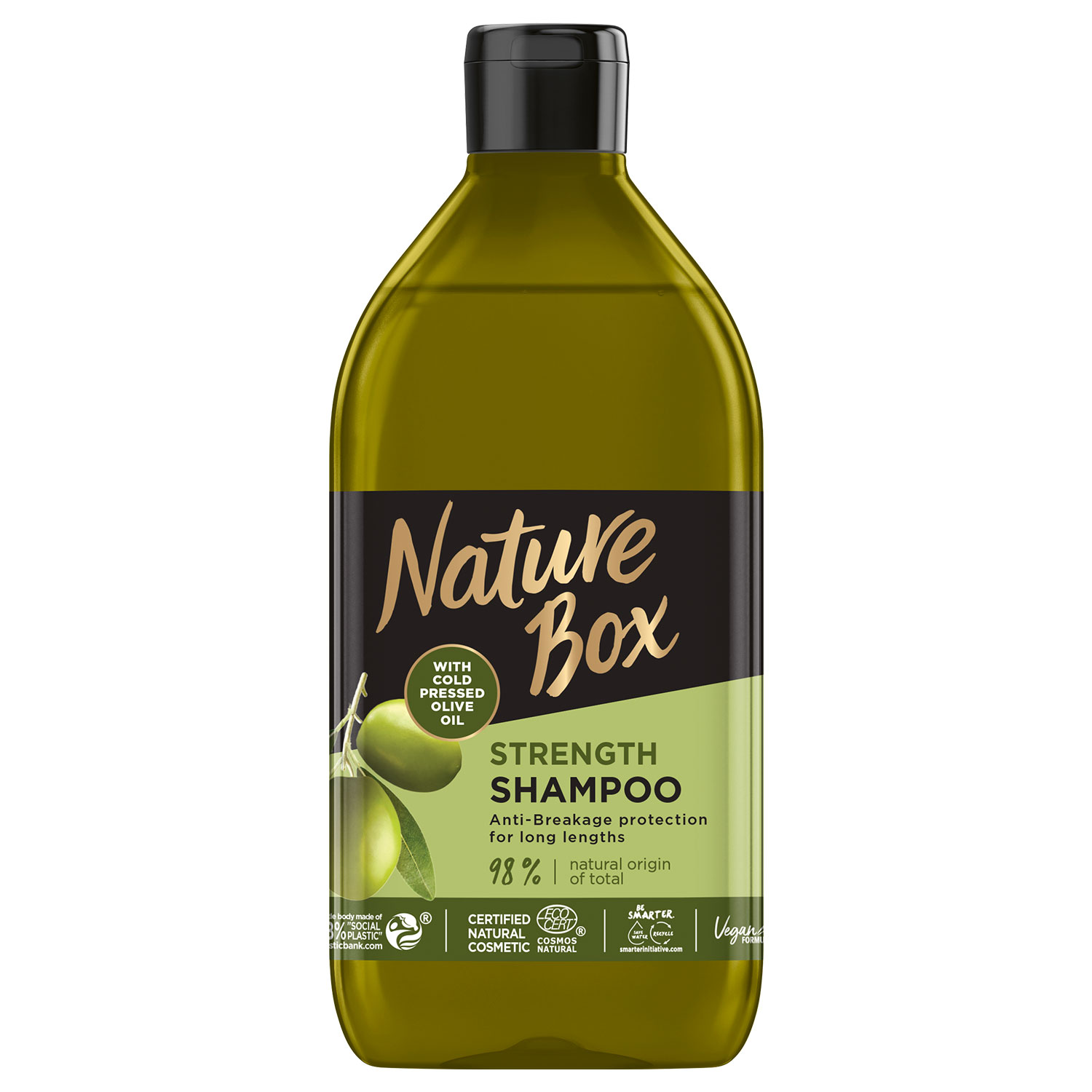 Шампунь Nature Box для зміцнення довгого волосся та протидії ламкості з оливковою олією холодного віджиму 385мл