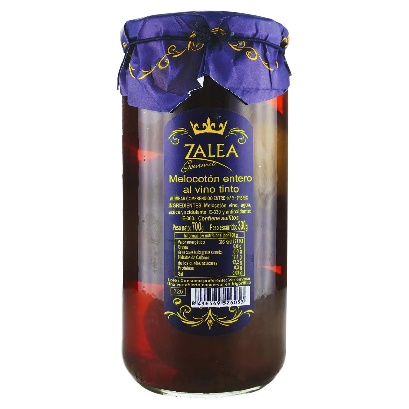 Whole peach Zalea with stone in red wine, canned pasteurized 700g