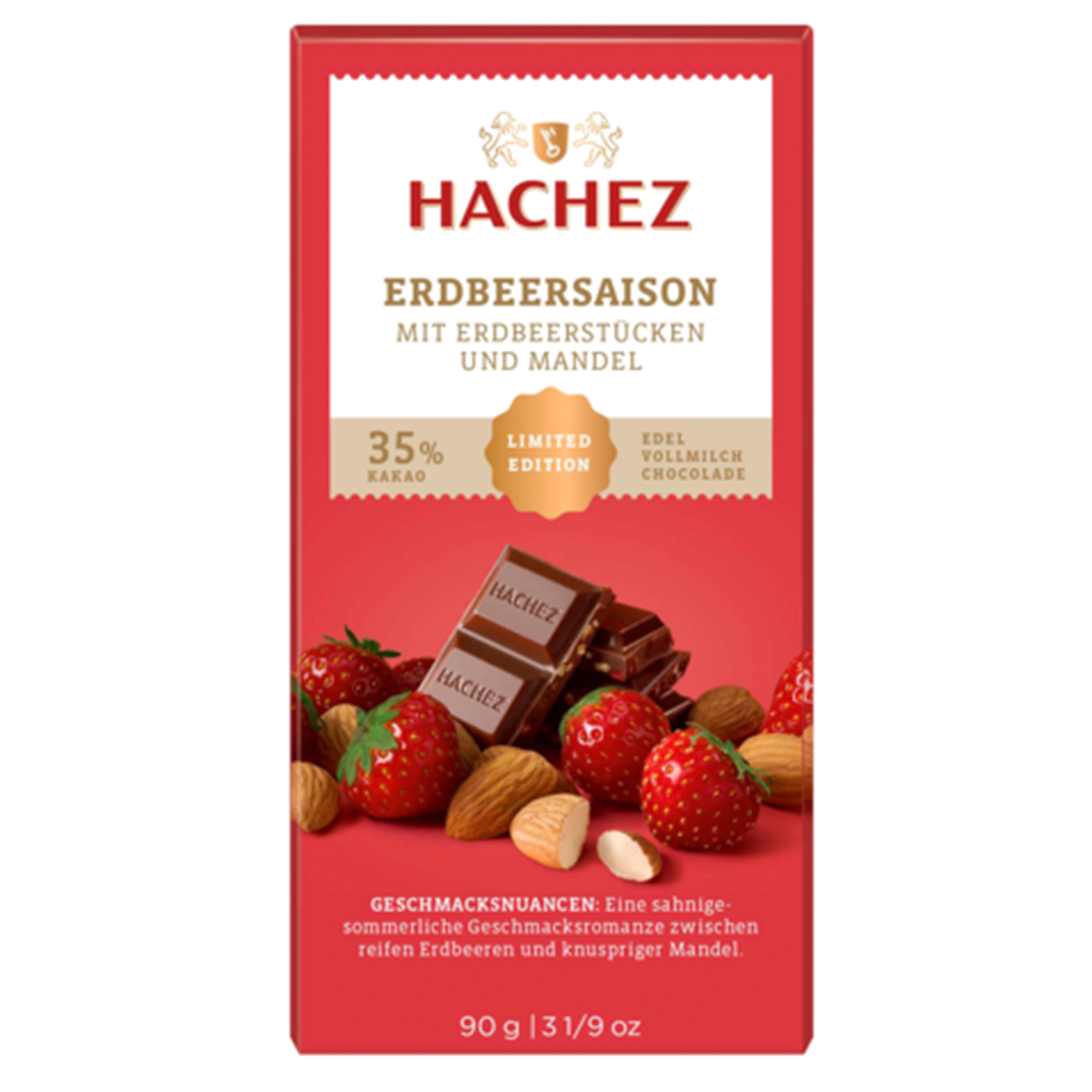 Hachez milk chocolate with pieces of almonds and strawberries 90g