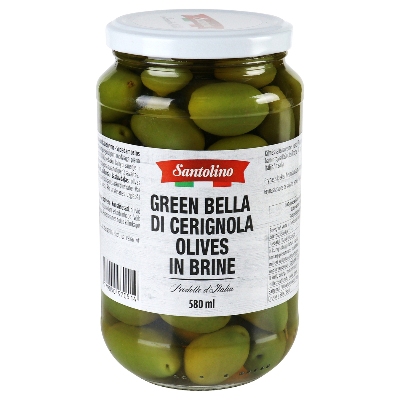Оливки зеленые Santolino Белла ди Чериньола с косточкой в рассоле консервированные 565г 2