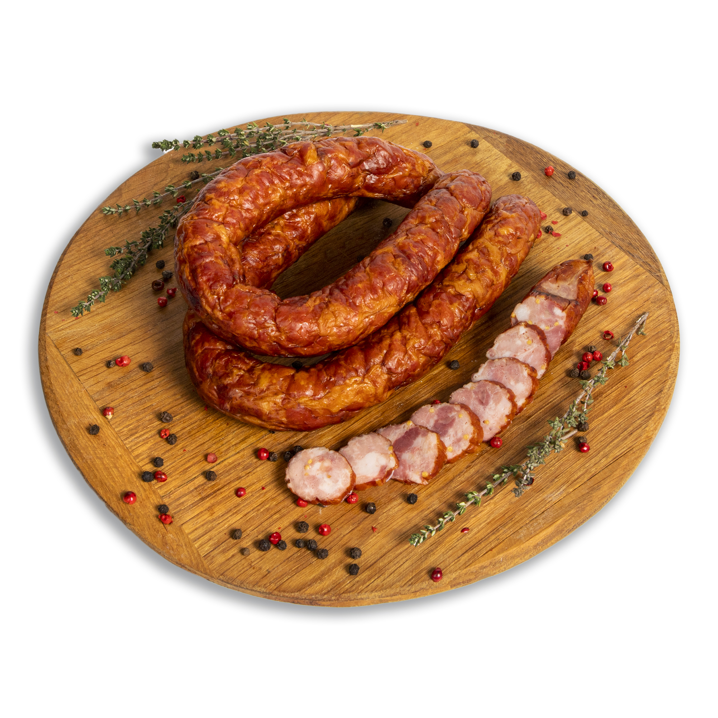 Homemade sausage with mustard smoked and baked