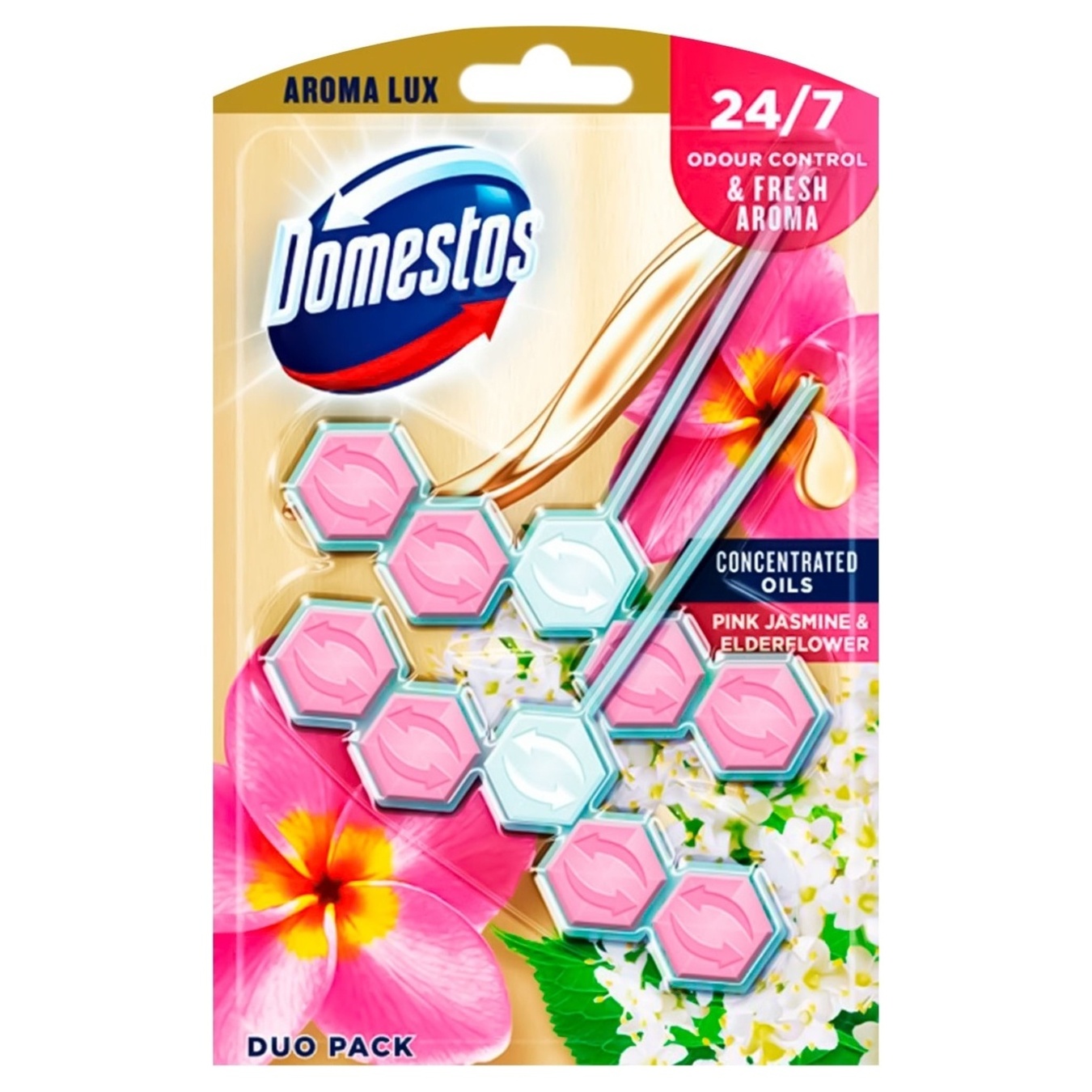 Блок для унитаза Domestos Aroma Lux Свежесть розового жасмина и цвет бузины 2*55г